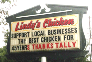 chicken crawfordville lindys lindy sign